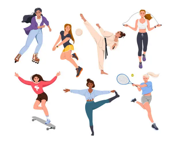 Vector illustration of A set with vector images of female athletes. Young women play sports