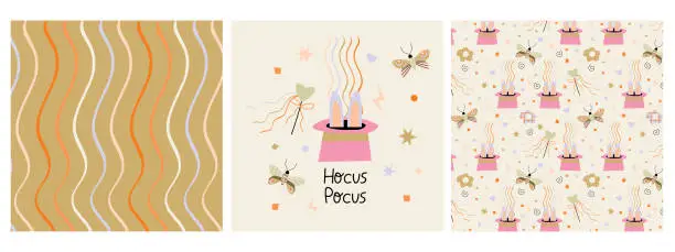 Vector illustration of Set of patterns and print with a magic hat, butterflies and a magic wand.