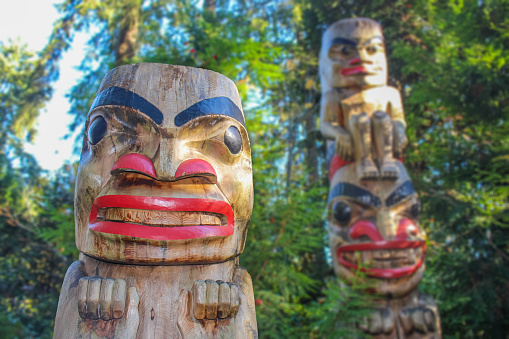 Vancouver, British Columbia, Canada. Feb 5, 2024. Totem pole at the Capilano Suspension Bridge Park. Monumental carvings found in western of the Americas.