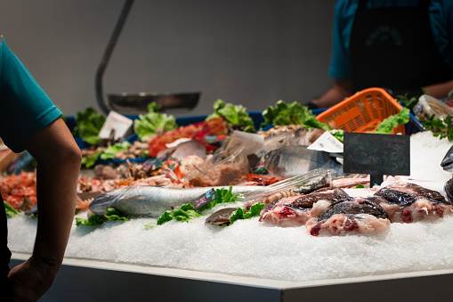 Different sorts of fresh fish on ice on counter at an indoor fish market in Barcelona