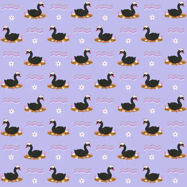 Vector illustration of Swans in pond. Seamless purple pattern with swans and water plants.