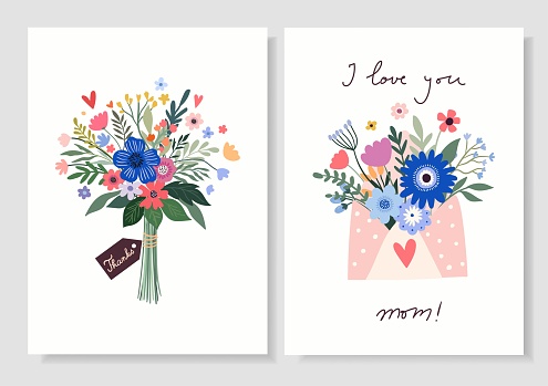 I love you Mom greeting cards set for Mother's Day, invitation, flyer with floral bouquets, festive design