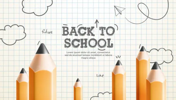 Vector illustration of Back to school web banner with pencils on the checkered paper and doodle clouds drawing, vector illustration