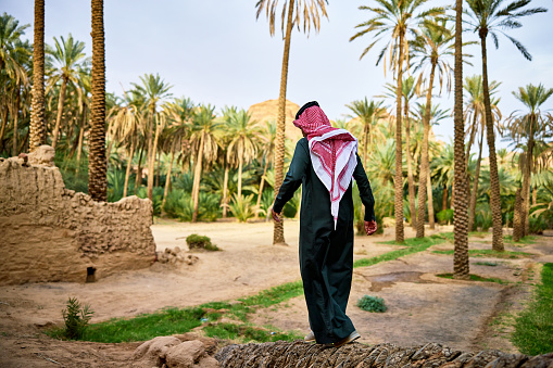 Full length rear view of individual in traditional clothing amidst ancient paths, mudbrick walls, and trees in valley oasis.