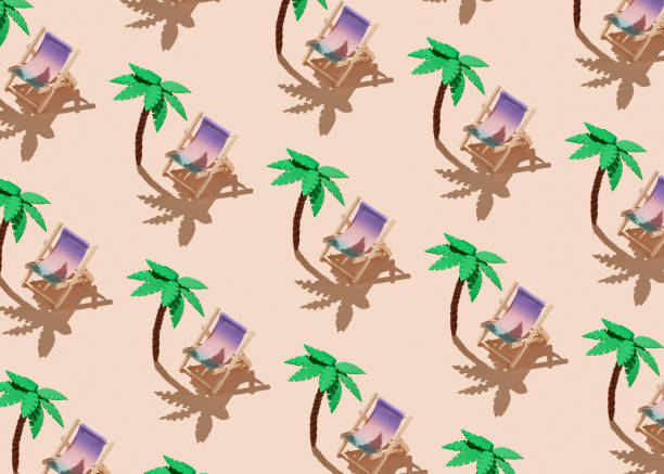 Summer pattern made with palm trees and beach chairs against pastel yellow background.
