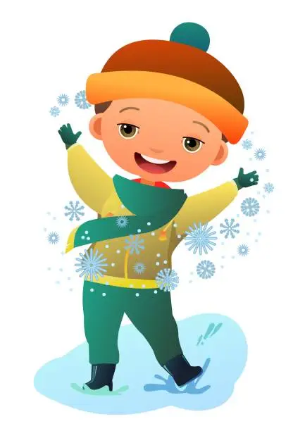 Vector illustration of boy catches snowflakes. Child in winter clothes. Fun frost. Winter clothes. Object isolated on white background. Cartoon fun style Illustration vector