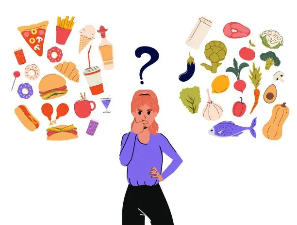 Vector illustration of Thoughts and food choice