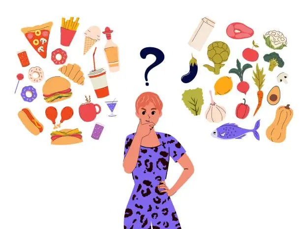 Vector illustration of Trendy girl do about food choice