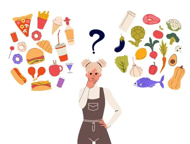 Vector illustration of Flat girl and food choice