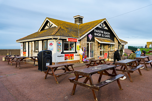 Pensarn Abergele Wales UK 27 January 2024. seaside cafe with tables outside