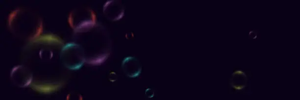 Vector illustration of Abstract background with neon bubbles, iridescent colorful glass balls or spheres on a black background.