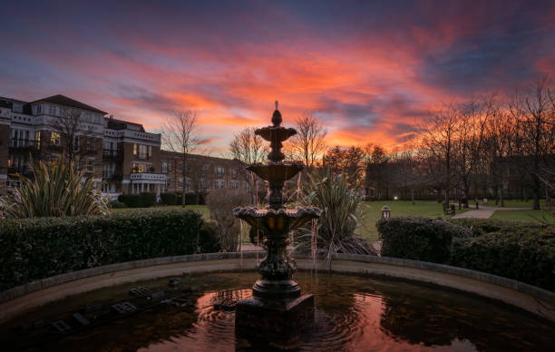 Fountain and pond in a park at sunset with a pink sky. Evening view in landscape orientation with buildings and trees behind.