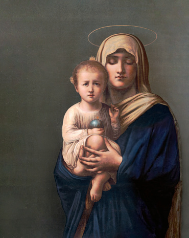 Vintage image of Madonna holding the Jesus Christ child, who in turn holds the world, is a powerful Christian symbol depicted in Western art. It signifies Jesus' role as the savior of humanity and his authority over all creation. This imagery conveys themes of maternal love, divine power, and the promise of salvation central to Christian theology and has had a profound impact on art and culture throughout history.