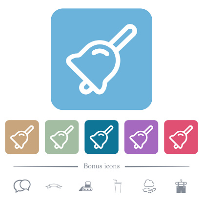 Handbell outline white flat icons on color rounded square backgrounds. 6 bonus icons included