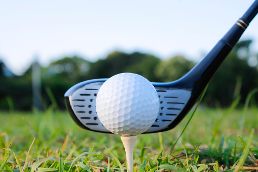 Close-up View Of Golf Ball On Tee In Golf Course With Blurred Background