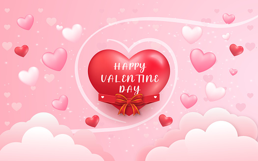 This Is a Valentine's Day Background with Paper Cut Cloud and Heart Shaped  3D Balloons Vector Illustration.
Happy Valentine's Day Wallpaper, Flyers, Invitation, Posters, Brochure, Banners Design Template in Pink and White Color for Advertisement