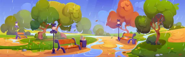 Vector illustration of Bench in park and rain landscape vector background