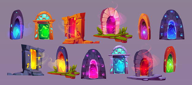 Magic game door with glowing portal. Cartoon vector illustration set of fantastic gates and frames with stone and wooden jambs and bright colorful luminous teleport entrance with steam and fog.