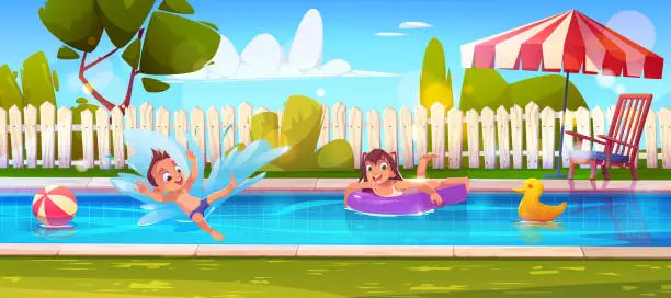 Vector illustration of Children swim in pool on backyard garden cartoon