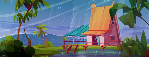 Vector illustration of Seaside fisherman house in stormy weather