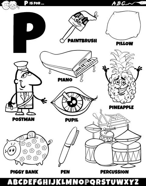 Vector illustration of Letter P set with cartoon objects and characters coloring page