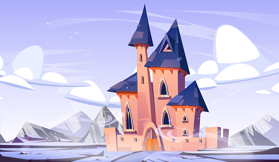 Winter fantasy castle in kingdom with snow cartoon background. Frozen magic fairy tale palace for princess illustration. Road to fortress through beautiful snowy mountain and rock terrain environment