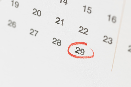 Red circle mark on february 29th day on calendar. Copy space