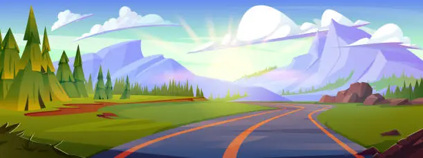 Vector illustration of Summer mountain road landscape cartoon vector