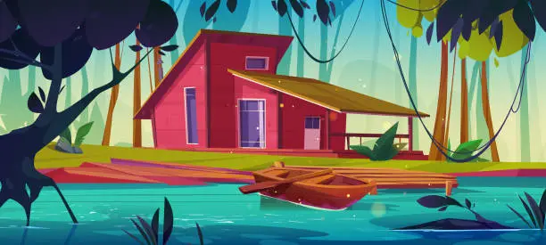 Vector illustration of House in forest near lake cartoon illustration
