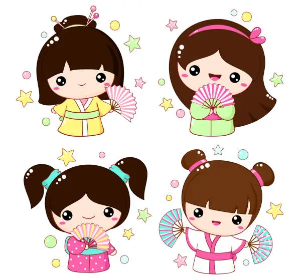 Vector illustration of Set of cute little girls with fans in kawaii style. Hanami season collection of Japanese traditional toy kokeshi doll in kimono. Vector illustration EPS8