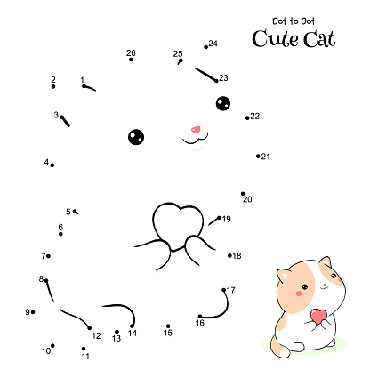 Connect The Dots and Draw Cute Cat. Dot to dot puzzle - cartoon little kitty with heart. Educational Game for Kids. Drawing for Preschool children. Vector Illustration EPS8