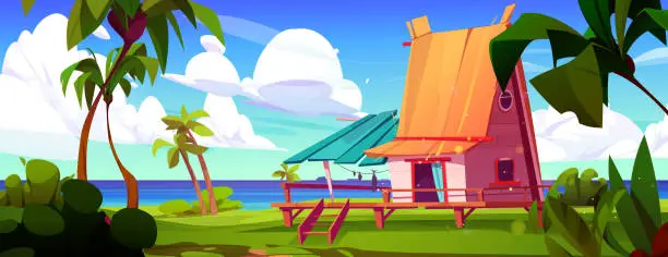 Vector illustration of Hut with wooden terrace on sea or lake shore