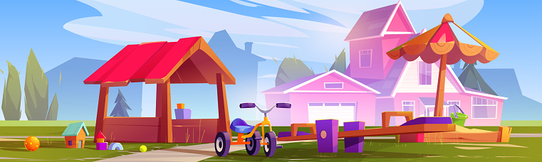 Playground in courtyard of house with sandbox and toys, seesaw swing and kids tricycle. Cartoon vector landscape with child play equipment in summer sunny day. Empty amusement park for play and sport.