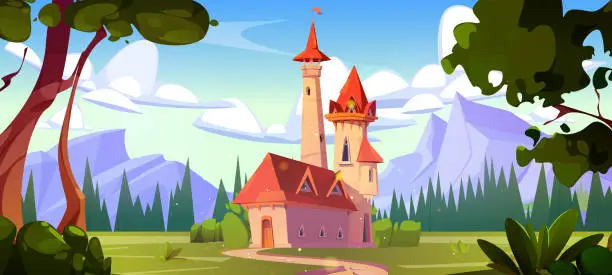 Vector illustration of Fantasy castle on mountain landscape