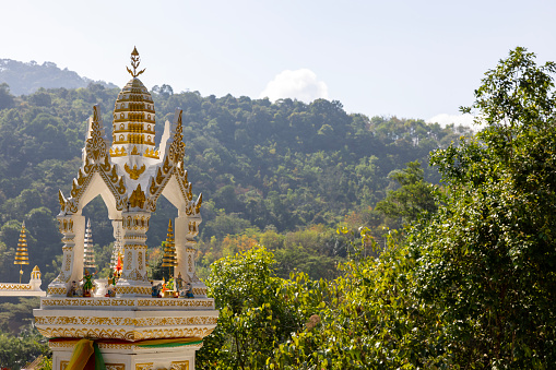 Stairs Up and Down 490 steps to the Wat Sangkat Rattana Khiri on Khao Sakae Krang mountain in Uthai Thani, Thailand.