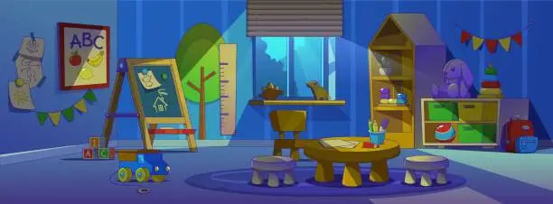 Vector illustration of Kindergarten classroom at night cartoon interior