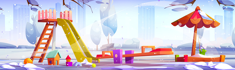 Playground in winter with sandbox and toys, seesaw swing and a children slide covered with snow. Cartoon vector wintry landscape of city park with kid play and sport equipment. Daycare amusement area.