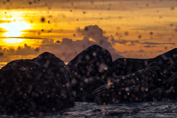 Beach landscape with splashes of shorewater and silhouettes of coastal rocks at sunset. Mahe island, Seychelles