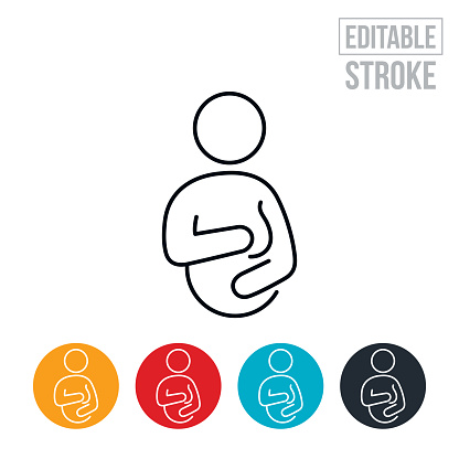 An icon of a pregnant woman lovingly holding her pregnant stomach with an unborn child. The icon includes editable strokes or outlines using the EPS vector file.