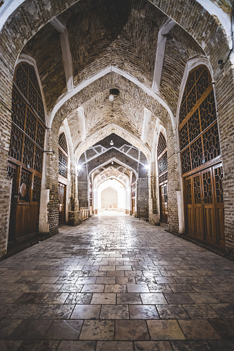 Interior interior of the trading dome of Tim Abdullah Khan in the ancient city of Bukhara in Uzbekistan, evening view at Abdullaxon timi