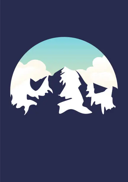 Vector illustration of Mountains landscape with white peaks illustration. Modern boho background with winter frozen alps.