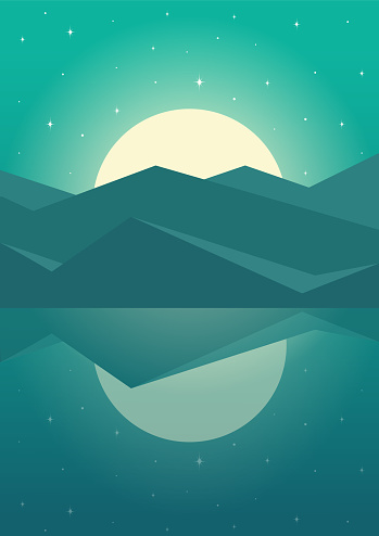 Minimalist aesthetic night mountains landscape. Nordic midnight, fjord illustration. Seaside panorama with rising moon poster. Background for poster, cover. Mid century modern minimalist art print.