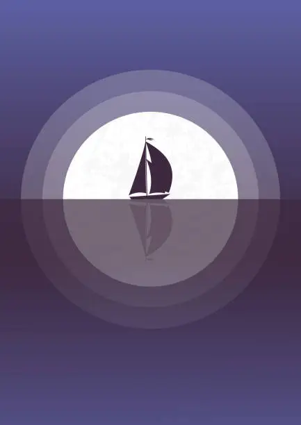 Vector illustration of Sailboat in the sea under full moon vector illustration. Nordic seaside landscape in flat style.