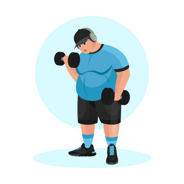 ilustraciones, imágenes clip art, dibujos animados e iconos de stock de illustration of an overweight guy working out in the gym. fitness guy. excess weight. losing weight. sport exercises. - health club gym young men dumbbell