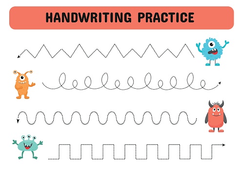 Handwriting practice sheet with  monsters. Educational children game. Tracing lines. early education worksheet for kids.Vector illustration