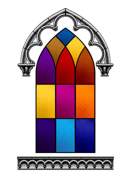Colorful stained glass window with glass texture and engraved classic gothic architectural decorative elements and isolated on white. Vector illustration