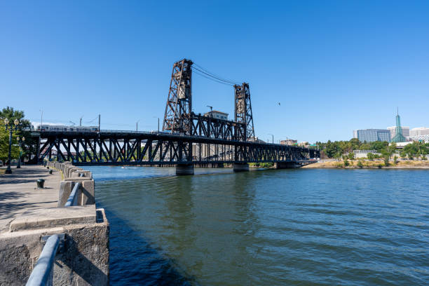 A wide-angle photo of the Portland Steel Bridge which passes over the Willamette River with a Light Rail crossing the bridge.