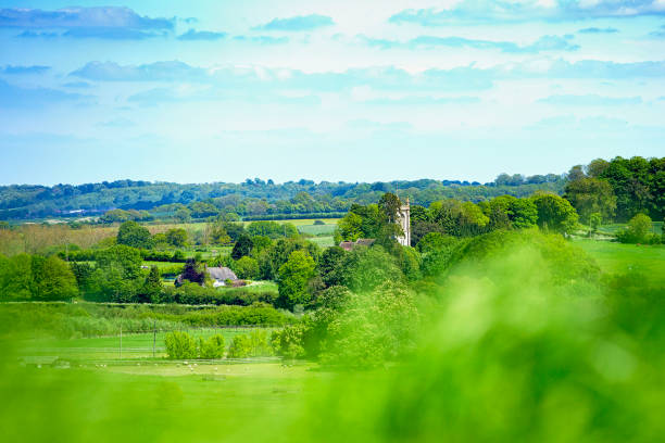 A landscape shot taken in Wiltshire, UK, in between the market towns of Marlborough and Devizes. A church spire peaks from the trees, and to the left of the picture, there is the roof of a traditional thatched cottage