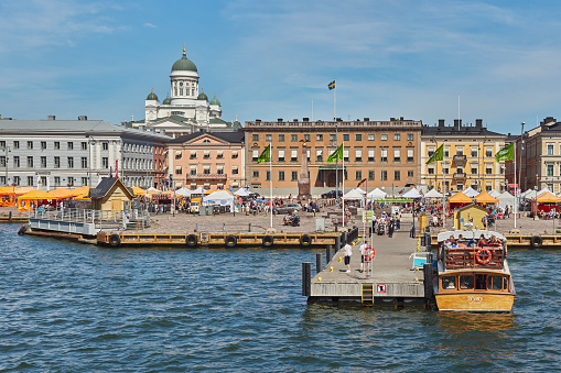 Finland, Helsinki - July 16, 2023. Embankment in the Finnish capital Helsinki, view from the sea to European City.