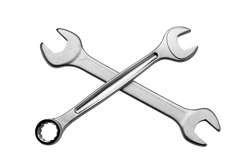Two crossed spanners isolated on white,  including clipping path, copy space